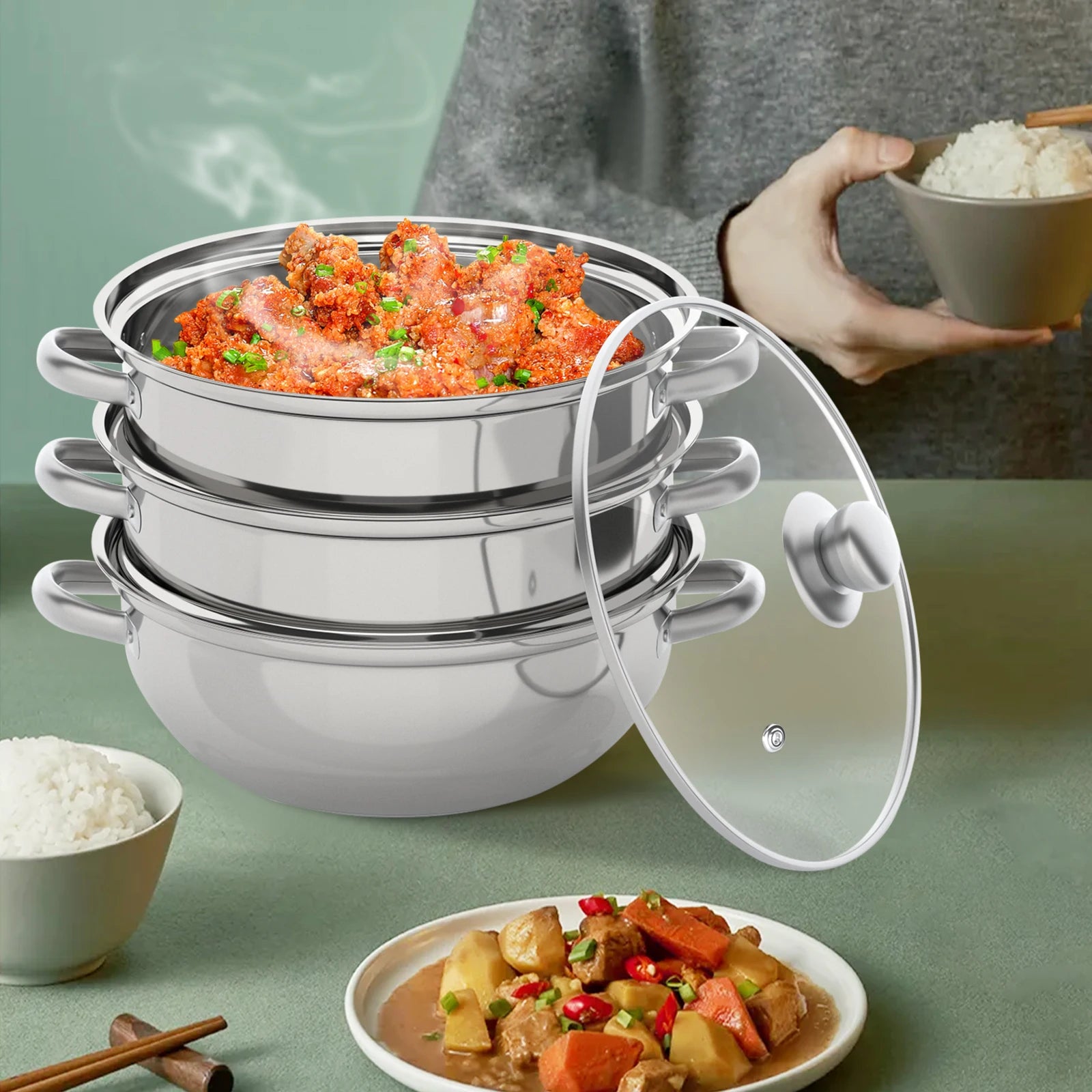 3-Tier Stainless Steel Steamer Hot Pot Cooker Steam Pot Dishwasher Safe Glass Lid Durable & Versatile Kitchen Tool for Cooking