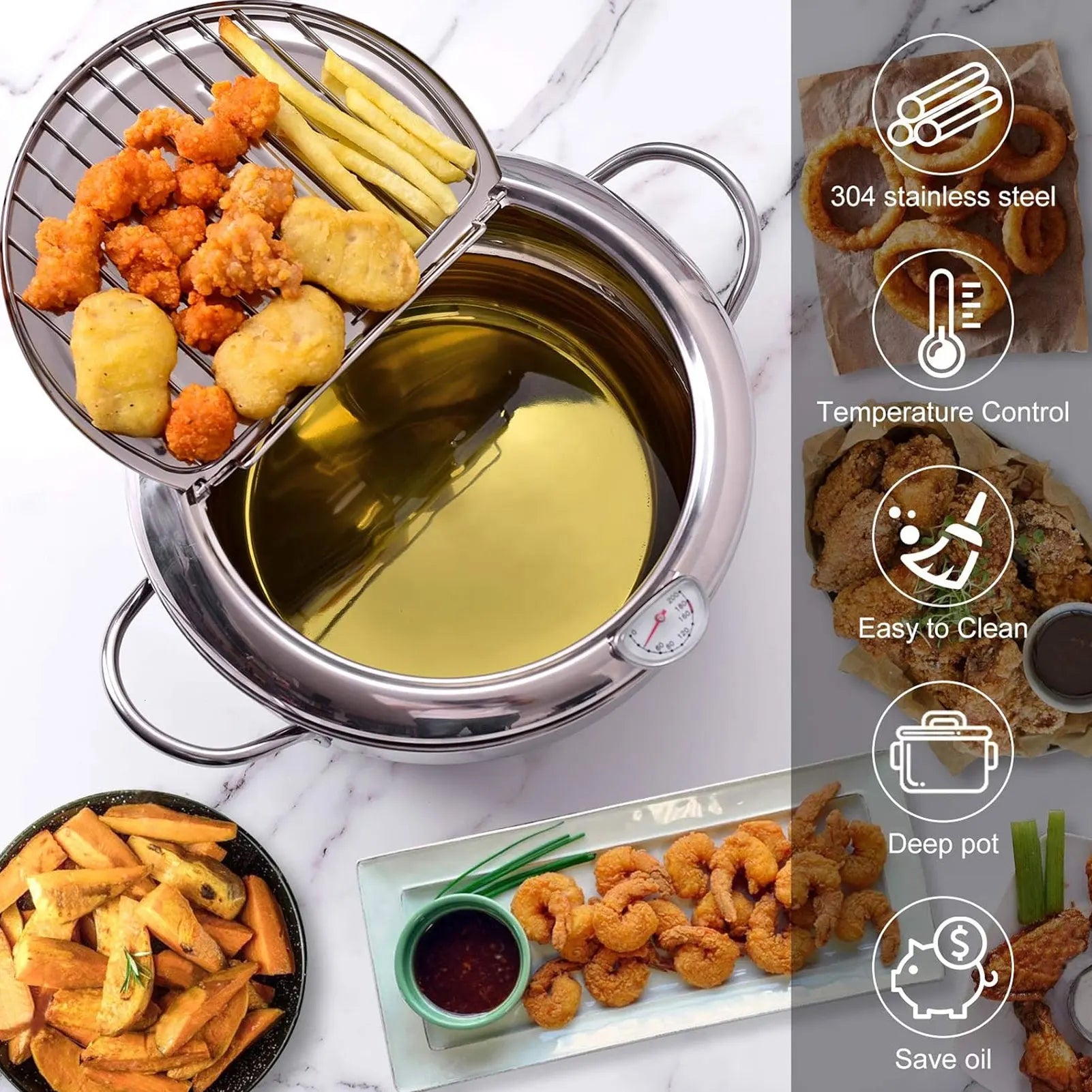 Frying Pot Japanese Deep Fryer Pot Stainless Steel with Oil Drain Temperature Control and Lid for Kitchen Stove Induction Cooker