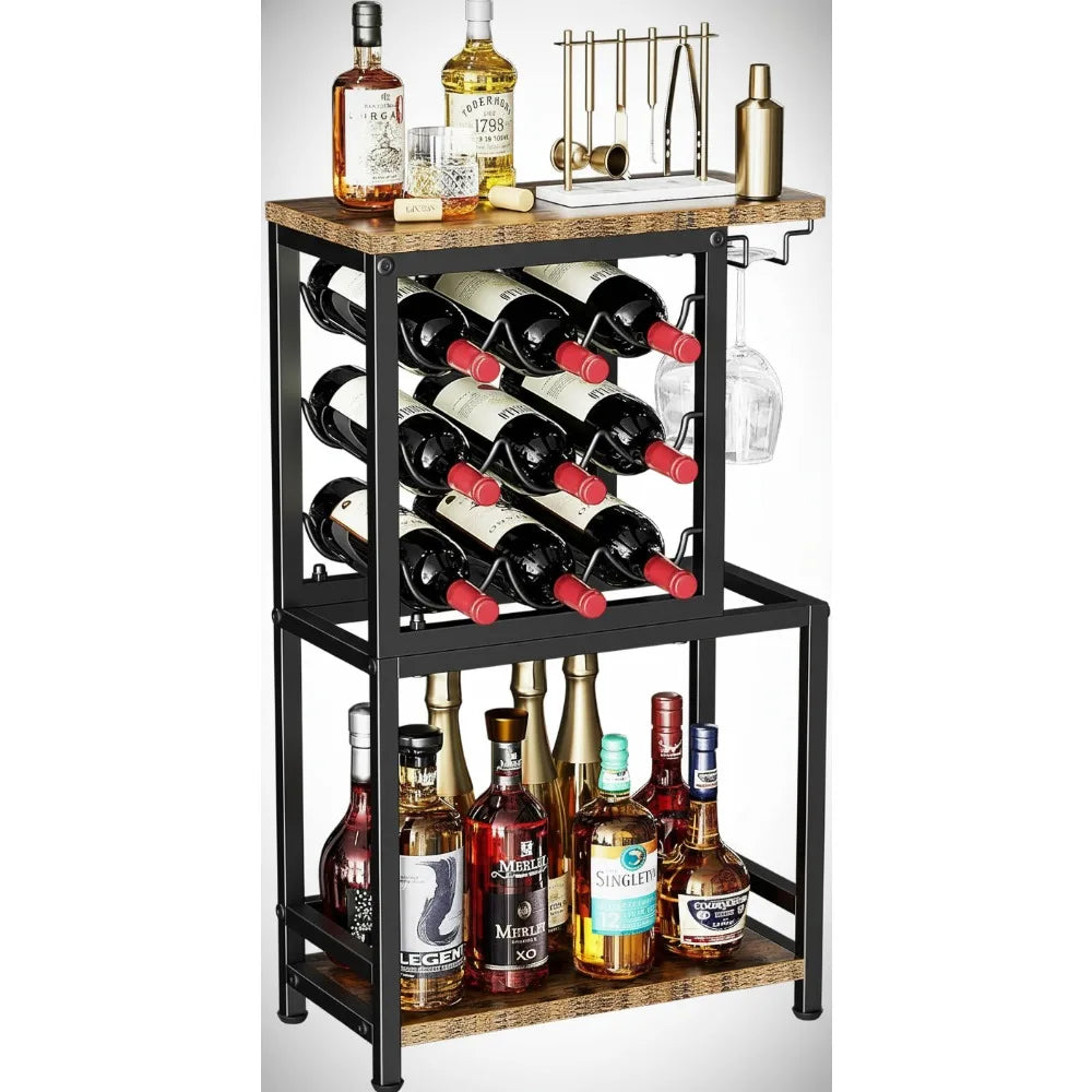 3-Tier Freestanding Wine Rack with Glass Holder, Space-Saving Liquor Display Stand for Home Bar Kitchen Dining Room