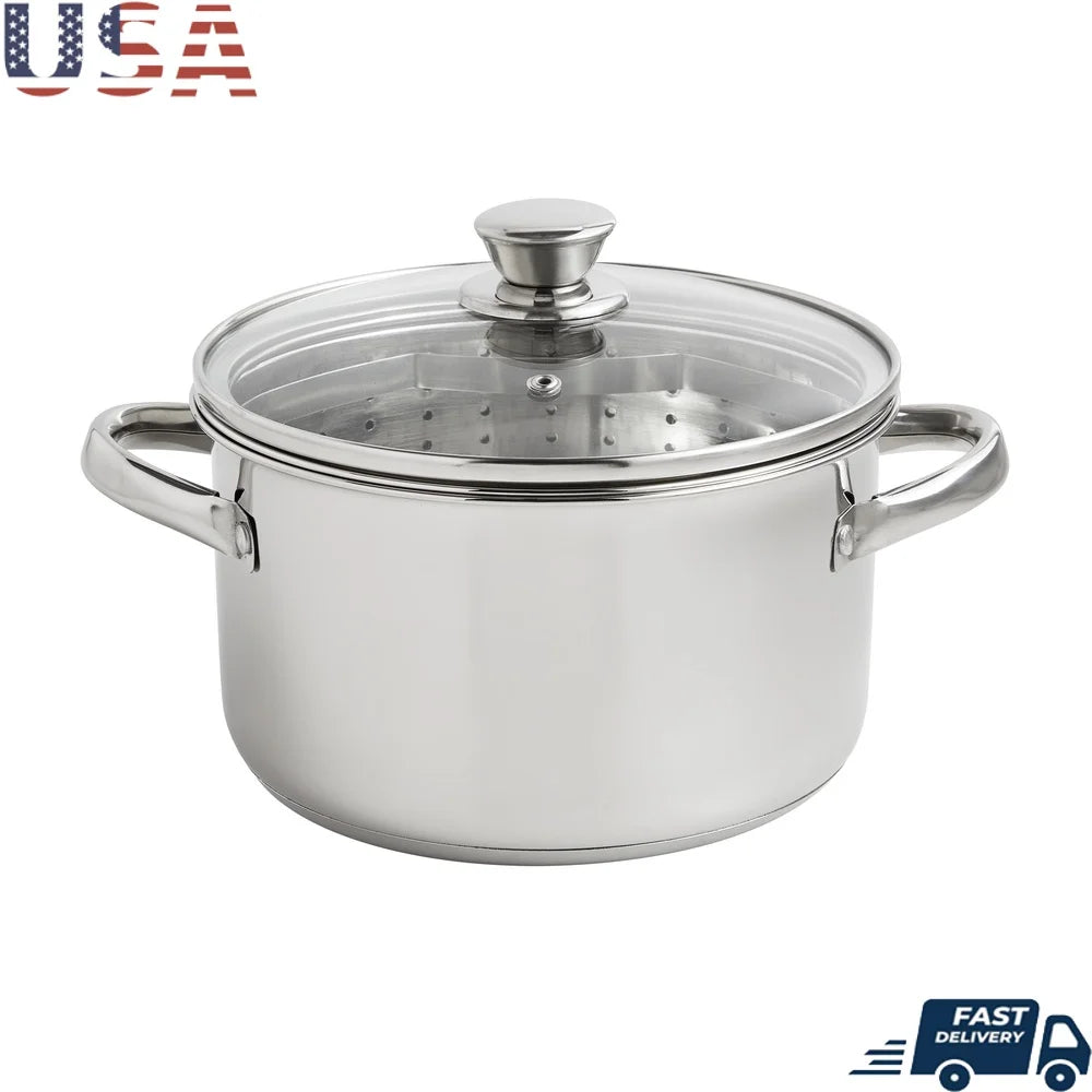 Stainless Steel Steamer Pot 4Qt with Glass Lid Induction Safe Dishwasher Safe Steaming Veggies Fish Cooking Kitchen Essential