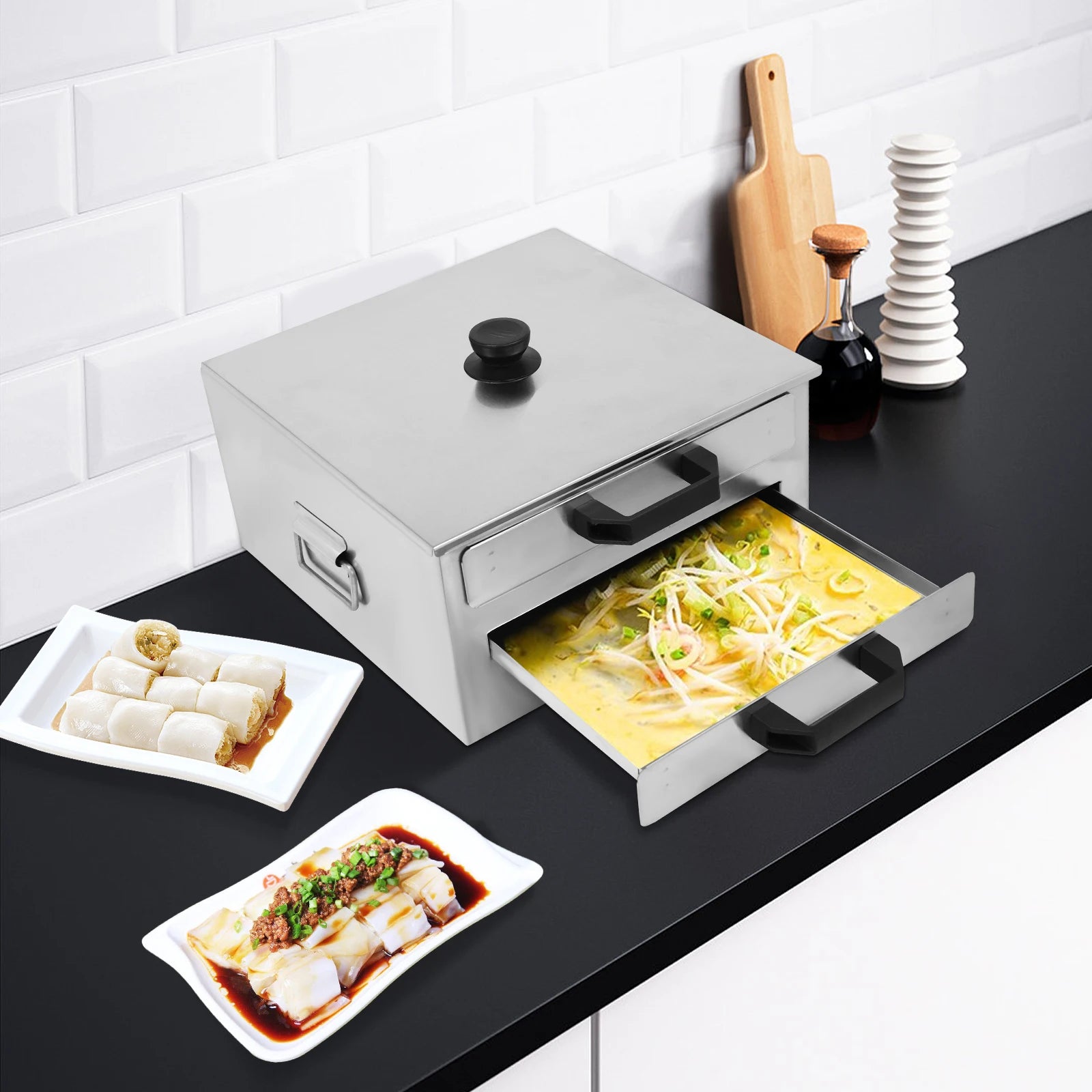 Open Chinese Rice Noodle Roll Food Steamer with Extra Tray Stainless Steel Square Tier/Layer Cooking Cuisine Guangdong Cookware