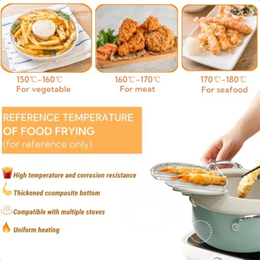 Deep Fryer Pot with Thermometer Japanese Frying Pot with Lid and Oil Drain Rack Nonstick Tempura Fryer Pan for Kitchen French F