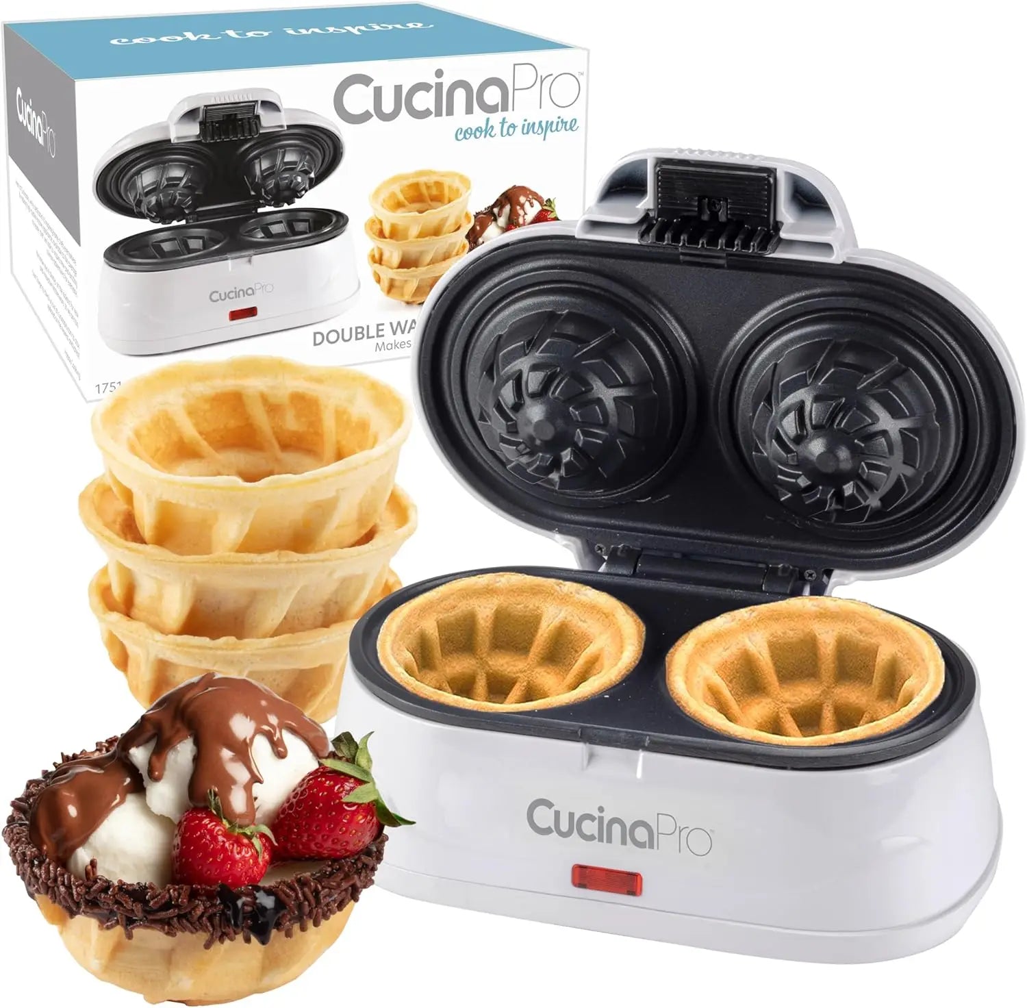 Double Waffle Bowl Maker- Make two 4″ Ice Cream Cone Bowls at Once in Just Mins- Holiday Dessert Appliance for Yogurt Fruit Snac