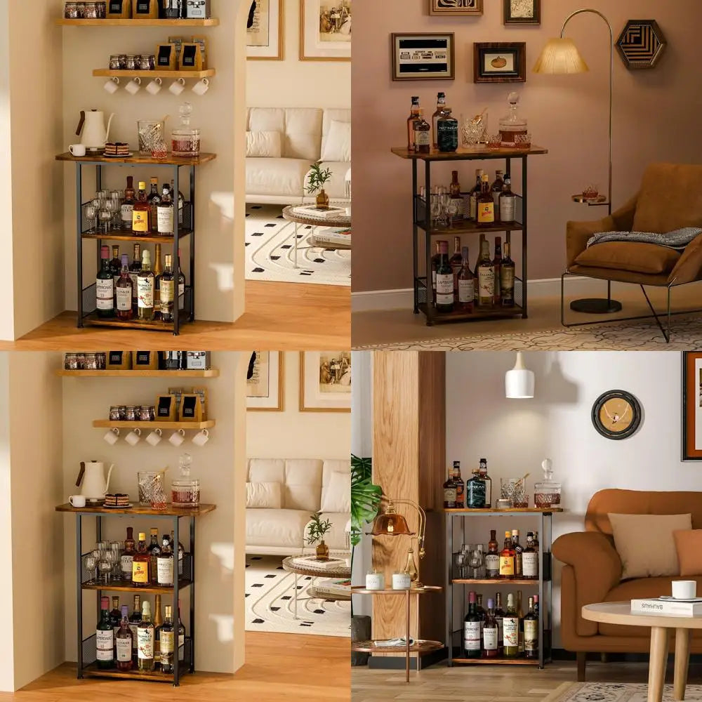 3-Tier Whiskey Rack, Freestanding Wine Rack, Mini Bar Table, Corner Bottle Display Stand, Liquor Cabinet for Bottles and Barware