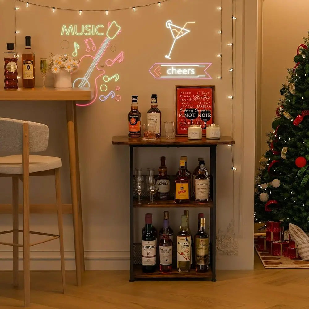 3-Tier Whiskey Rack, Freestanding Wine Rack, Mini Bar Table, Corner Bottle Display Stand, Liquor Cabinet for Bottles and Barware