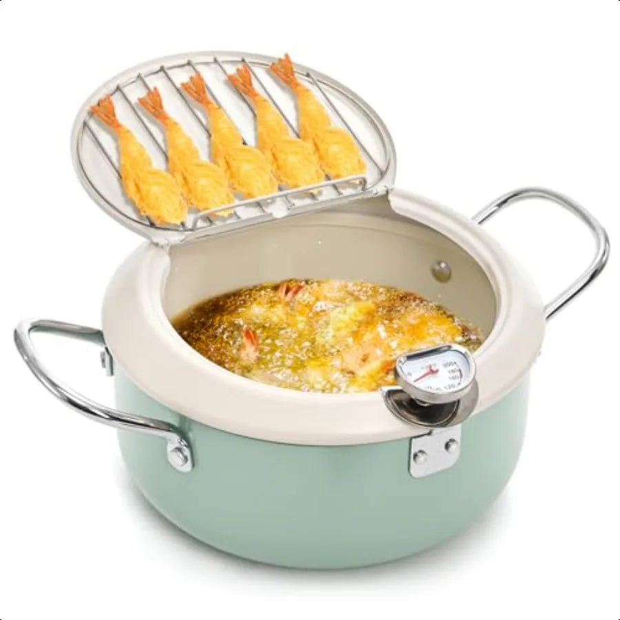 Deep Fryer Pot with Thermometer Japanese Frying Pot with Lid and Oil Drain Rack Nonstick Tempura Fryer Pan for Kitchen French F