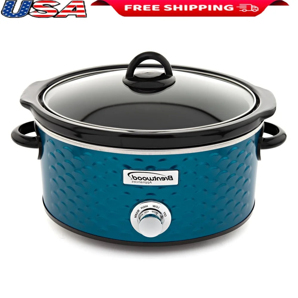 Scallop Pattern 4.5Qt Slow Cooker Ceramic Pot Tempered Glass Lid 3 Settings Lead Free Metal Body 220W Durable Cooking Appliance